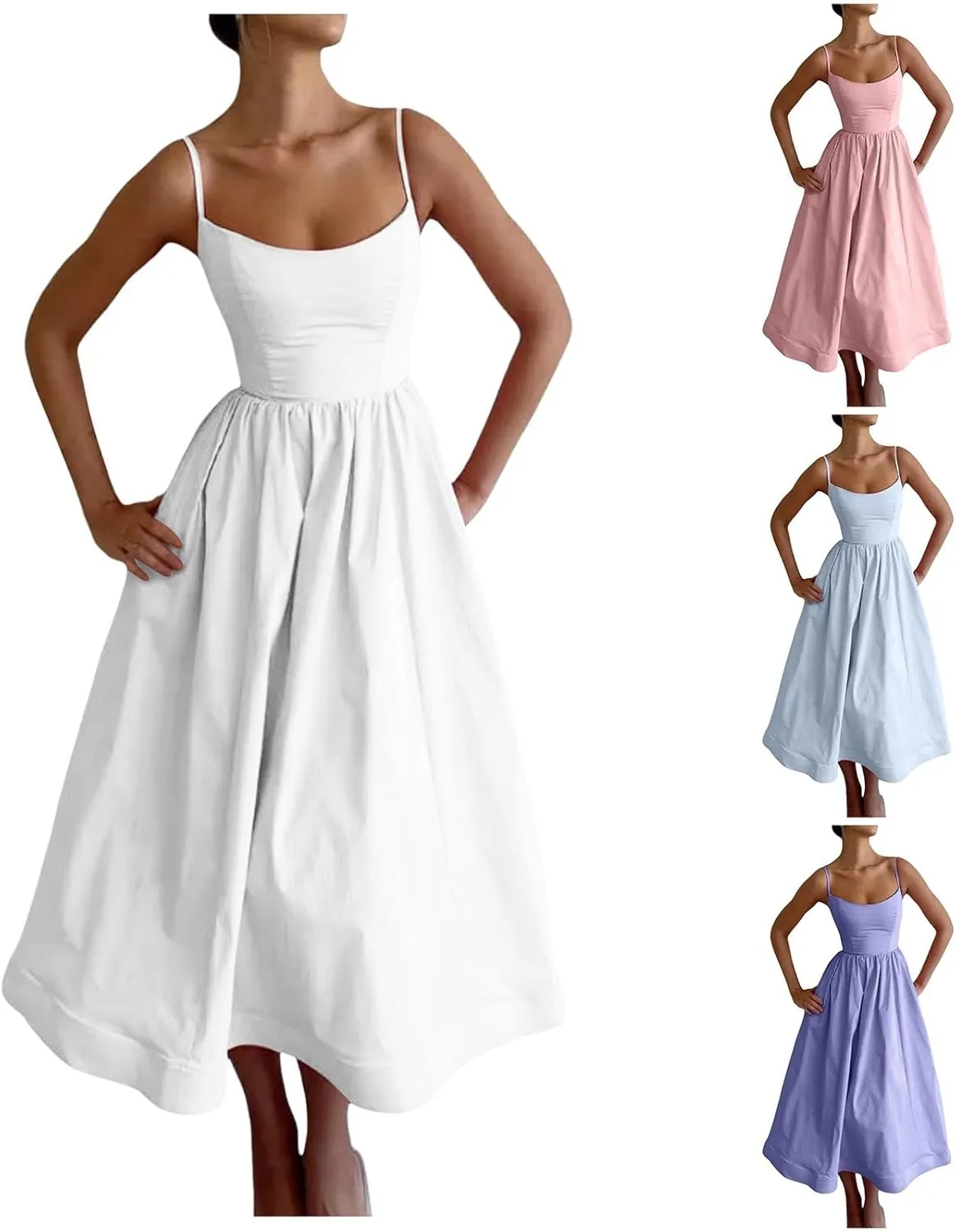 Womens Summer Dresses 2025 Sleeveless Flowy Pleated A Line Beach Vacation Sundress Fashion Spaghetti Strap Dresses