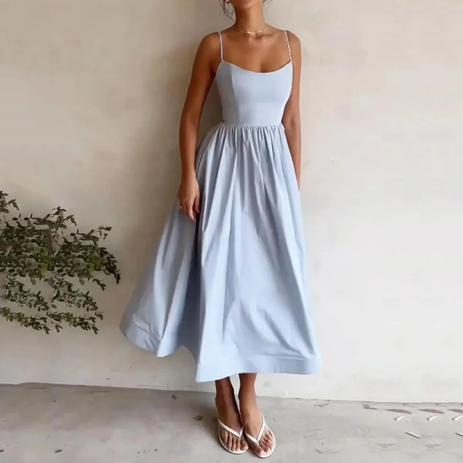 Womens Summer Dresses 2025 Sleeveless Flowy Pleated A Line Beach Vacation Sundress Fashion Spaghetti Strap Dresses