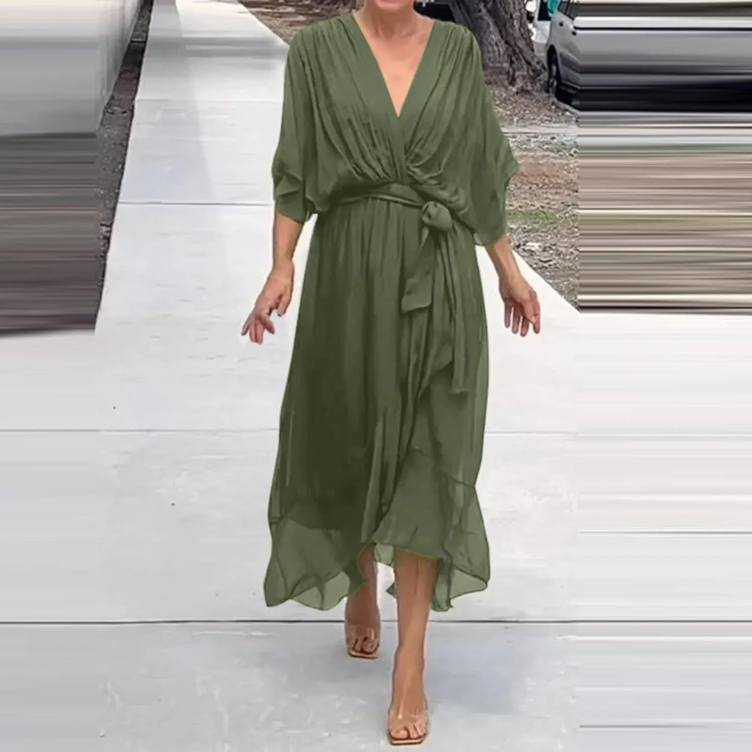 Women's Summer Dresses Casual Long Lantern Sleeve V Neck Ruffle High Waist Tie Waist Plus Size Dress for Women Casual