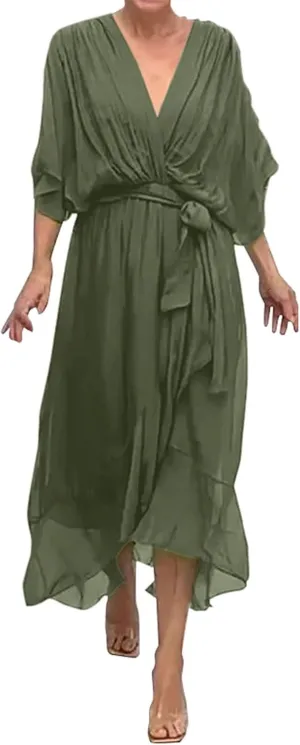 Women's Summer Dresses Casual Long Lantern Sleeve V Neck Ruffle High Waist Tie Waist Plus Size Dress for Women Casual