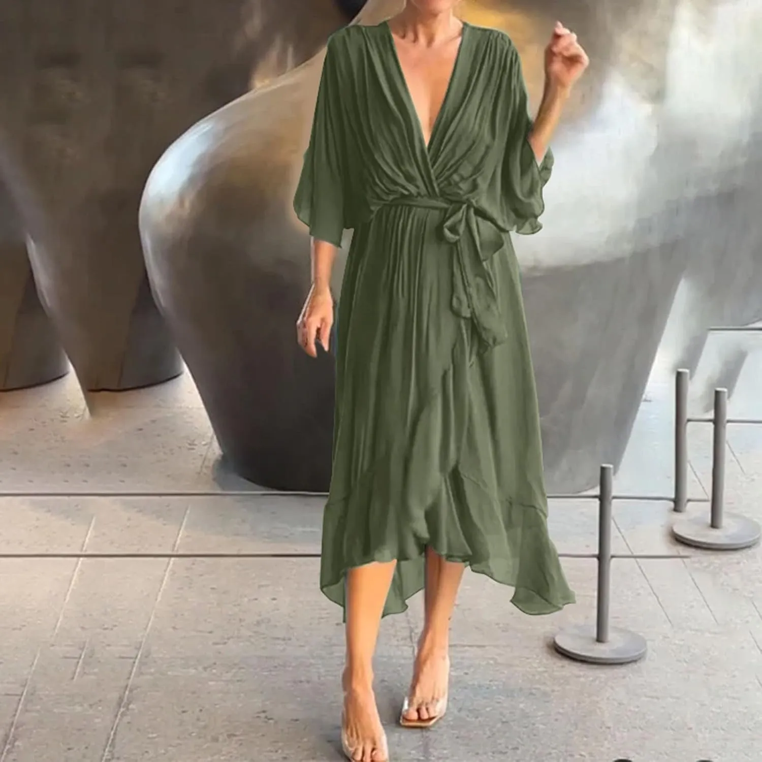 Women's Summer Dresses Casual Long Lantern Sleeve V Neck Ruffle High Waist Tie Waist Plus Size Dress for Women Casual