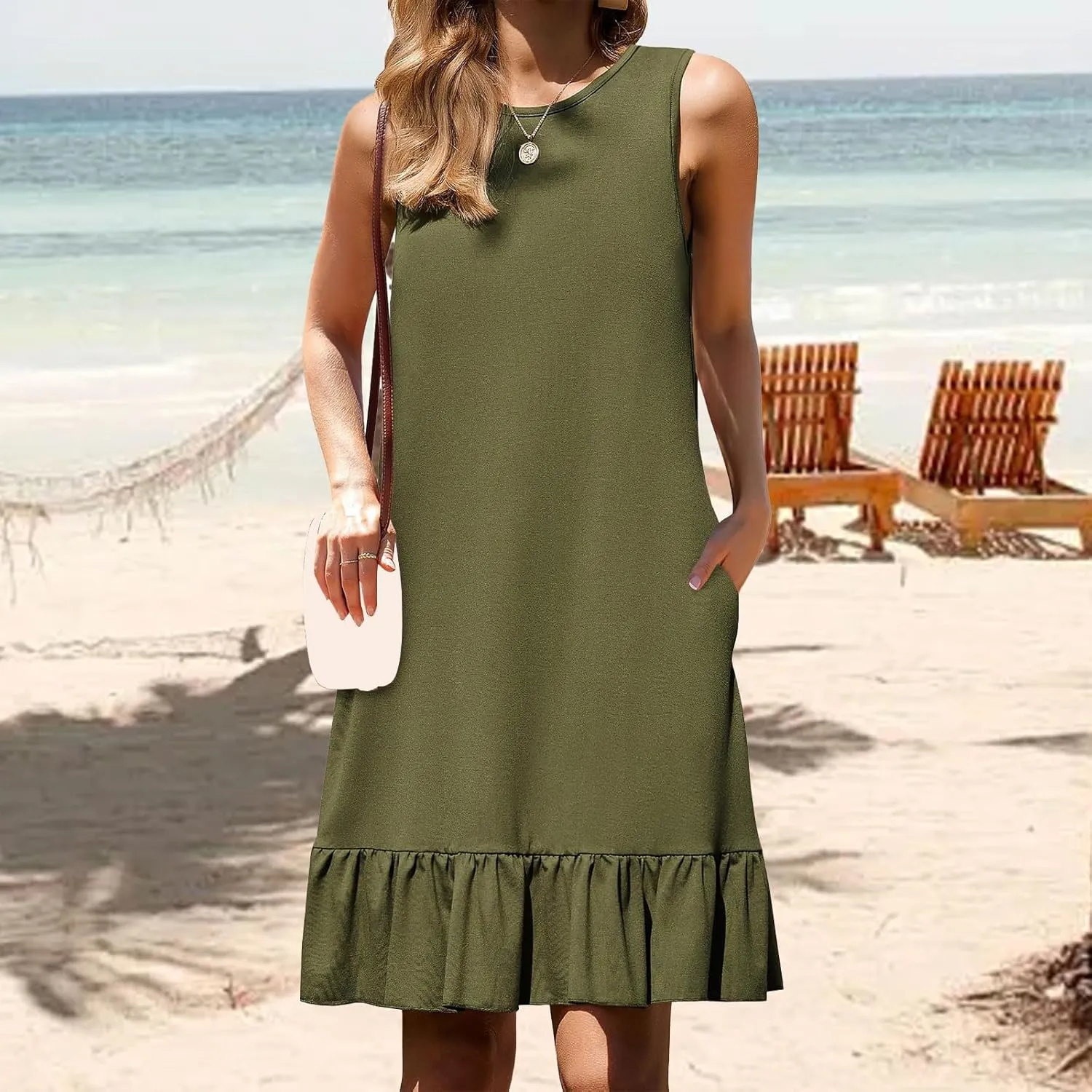 Women's Summer Dresses Loose 2025 Sleeveless Tank Beach Boho Mini Dress Ruffle Hem Sundress