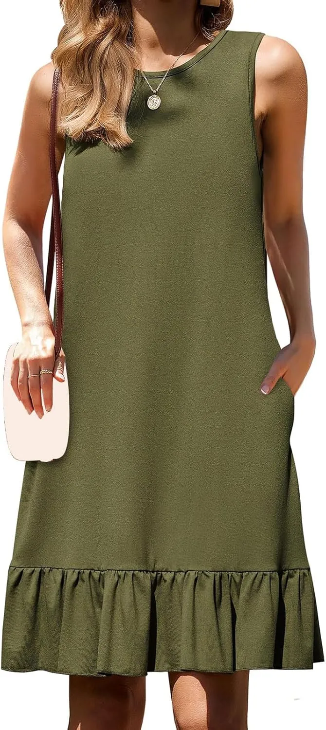 Women's Summer Dresses Loose 2025 Sleeveless Tank Beach Boho Mini Dress Ruffle Hem Sundress