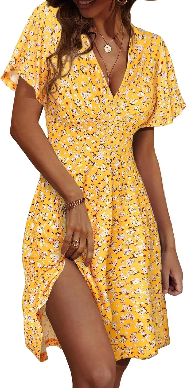 Women's Summer Floral Boho Dress Short Sleeve Wrap V Neck A-Line Mini Dress Wedding Guest Dresses Vacation Clothes