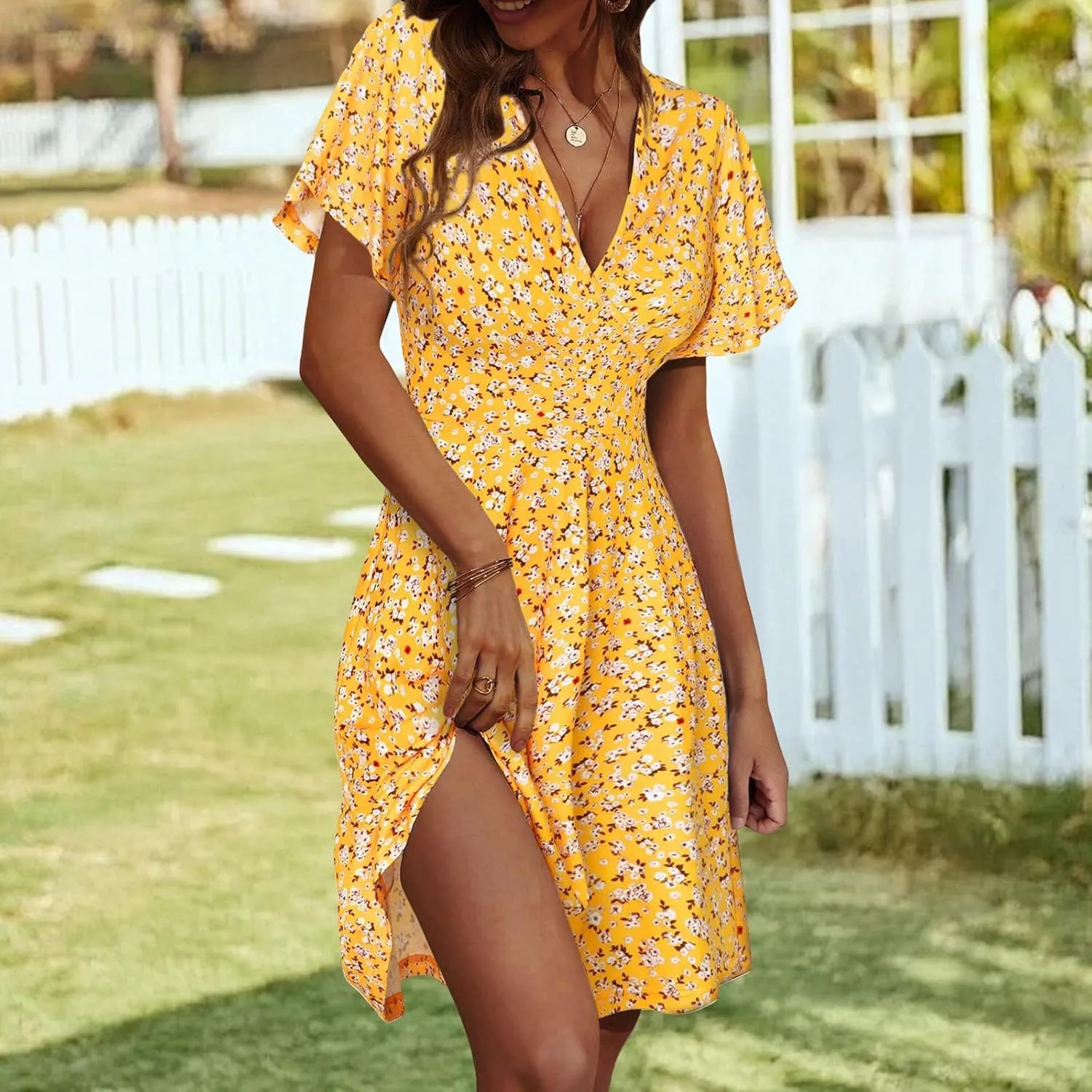 Women's Summer Floral Boho Dress Short Sleeve Wrap V Neck A-Line Mini Dress Wedding Guest Dresses Vacation Clothes