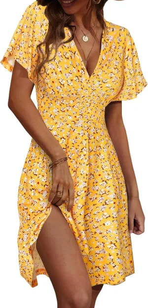 Women's Summer Floral Boho Dress Short Sleeve Wrap V Neck A-Line Mini Dress Wedding Guest Dresses Vacation Clothes