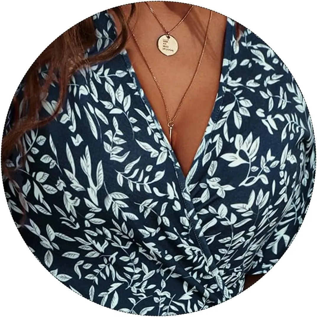 Women's Summer Floral Boho Dress Short Sleeve Wrap V Neck A-Line Mini Dress Wedding Guest Dresses Vacation Clothes