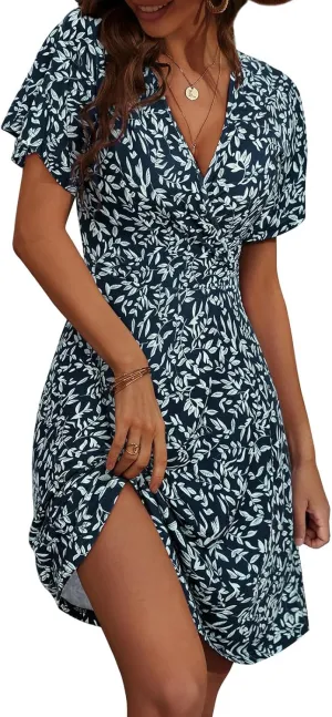 Women's Summer Floral Boho Dress Short Sleeve Wrap V Neck A-Line Mini Dress Wedding Guest Dresses Vacation Clothes