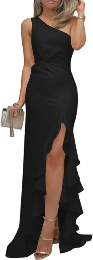 Women's Summer Formal Wedding Guest Dress Off Shoulder High Slit Maxi Bodycorn Dress Ruffle Hem Long Dresses