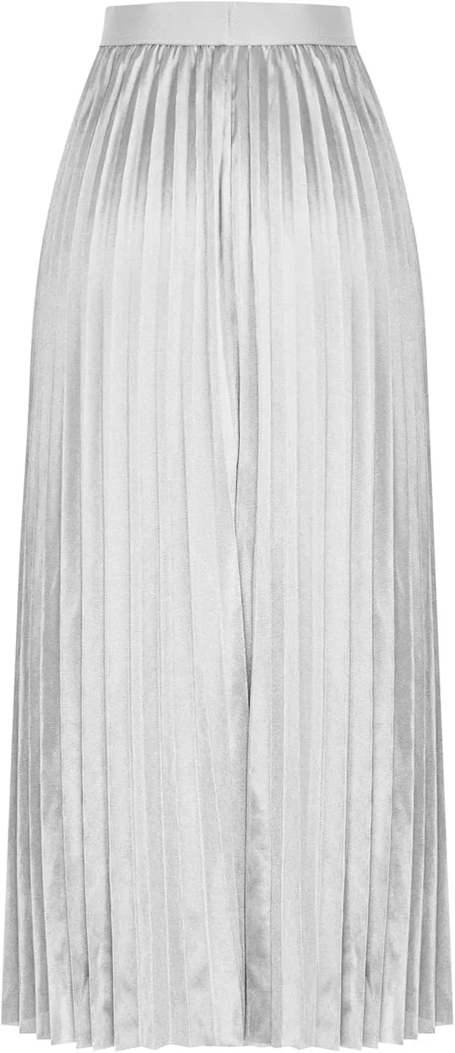 Women's Summer Midi Satin Skirt Dressy Casual High Waisted Pleated Elastic Waist A Line Flowy Elegant Skirts