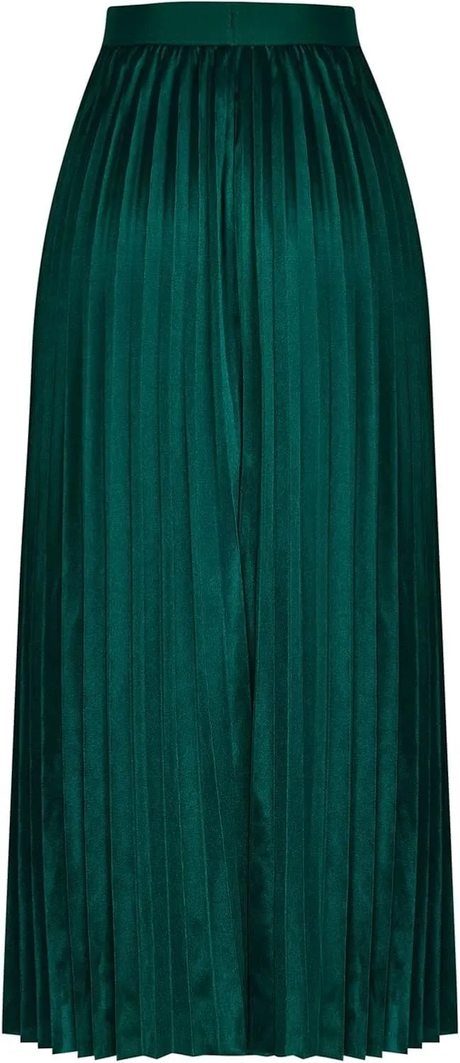 Women's Summer Midi Satin Skirt Dressy Casual High Waisted Pleated Elastic Waist A Line Flowy Elegant Skirts