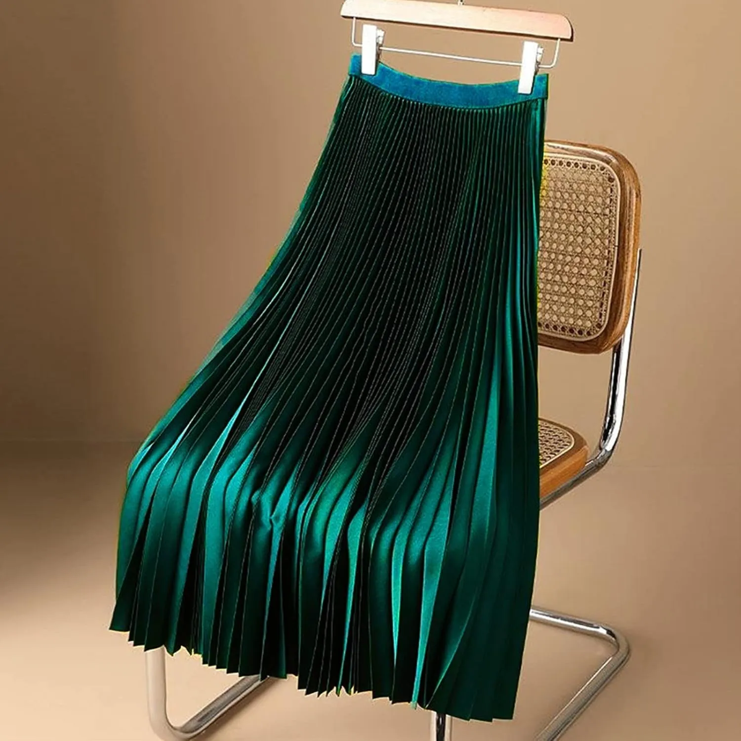 Women's Summer Midi Satin Skirt Dressy Casual High Waisted Pleated Elastic Waist A Line Flowy Elegant Skirts