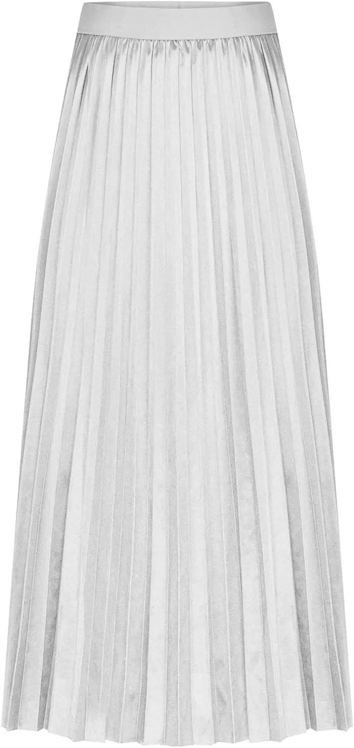 Women's Summer Midi Satin Skirt Dressy Casual High Waisted Pleated Elastic Waist A Line Flowy Elegant Skirts