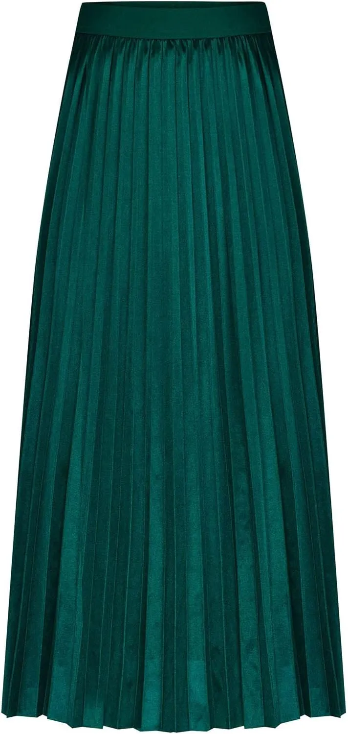 Women's Summer Midi Satin Skirt Dressy Casual High Waisted Pleated Elastic Waist A Line Flowy Elegant Skirts