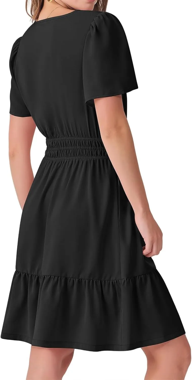 Women's Summer Mini Dress V Neck Short Sleeve Floral A Line High Waist Boho Cute Vacation Beach Dresses 2025