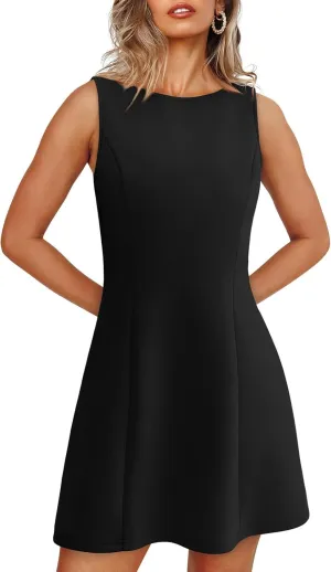 Women's Summer Sexy Sleeveless Crew Neck Tennis Dress Boat Neck A-line Bodycon Party Club Mini Dresses