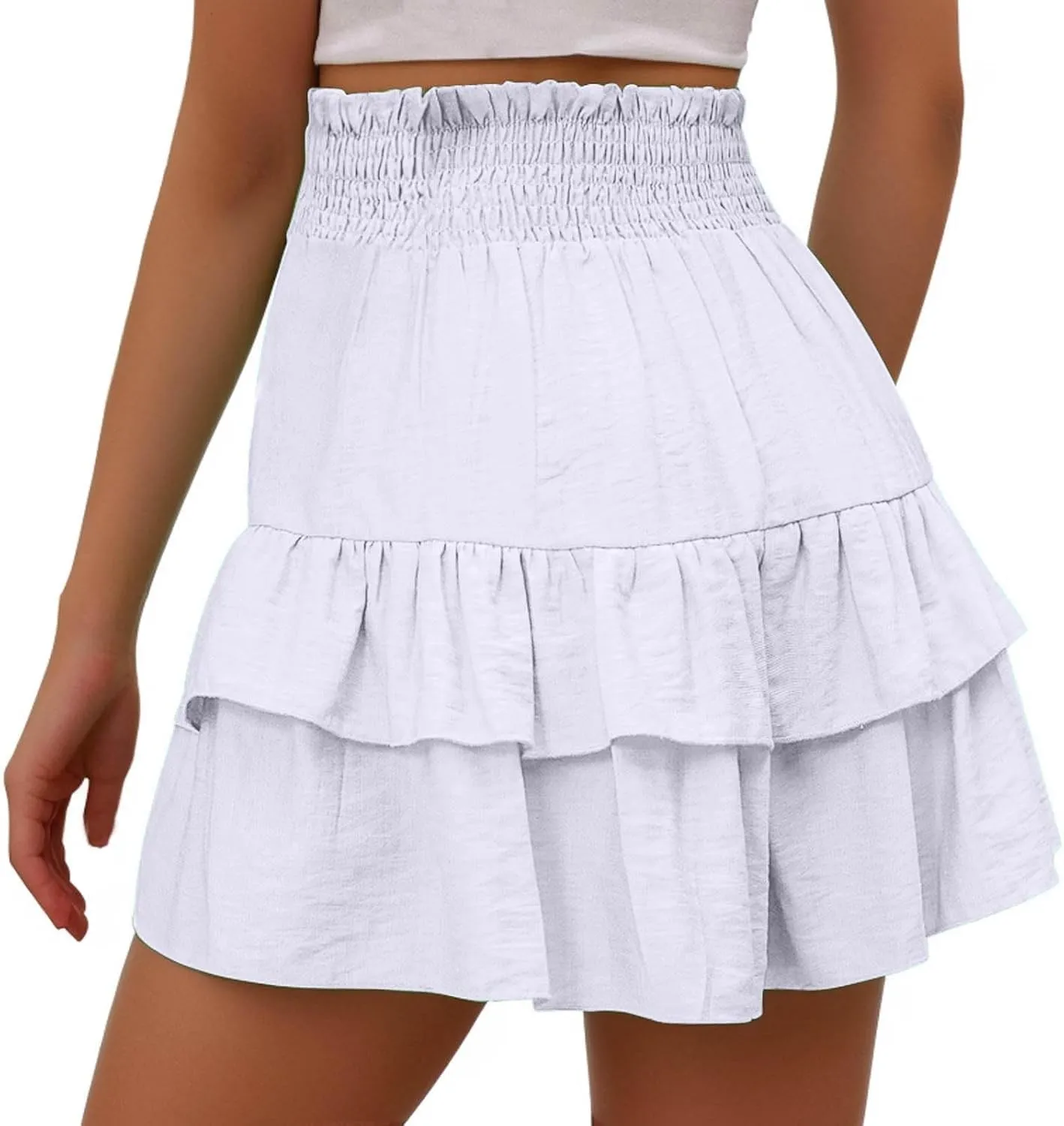 Womens Summer Skorts Flowy Mini Skirts High Waist Ruffle Tiered Skorts Casual Boho Beach Skirts Built-in Shorts