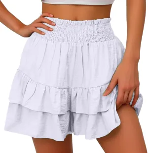 Womens Summer Skorts Flowy Mini Skirts High Waist Ruffle Tiered Skorts Casual Boho Beach Skirts Built-in Shorts