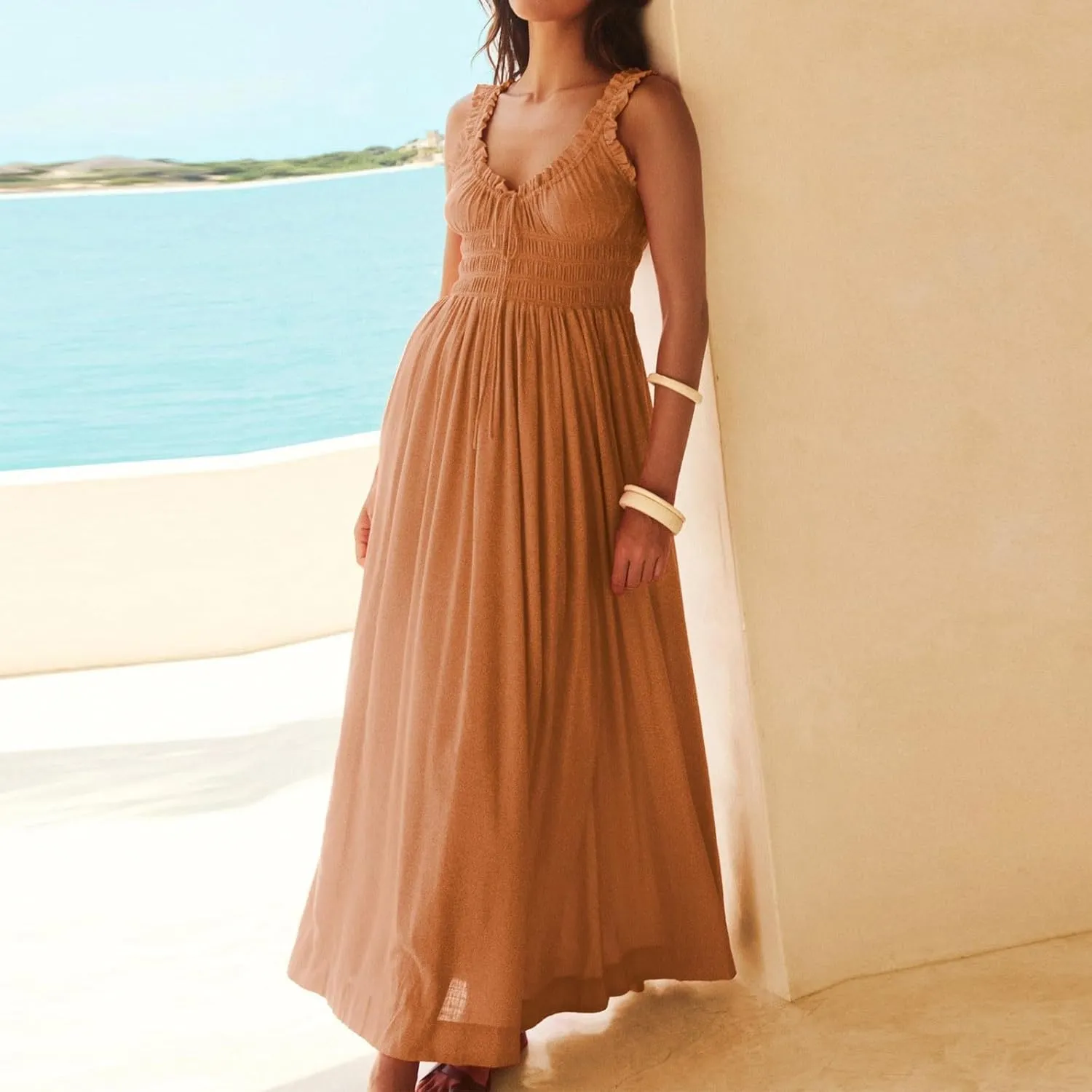 Women's Summer Split Thigh Spaghetti Strap Cami Midi Floral Dress Casual Elegant Bustier Corset Slit Long Dresses