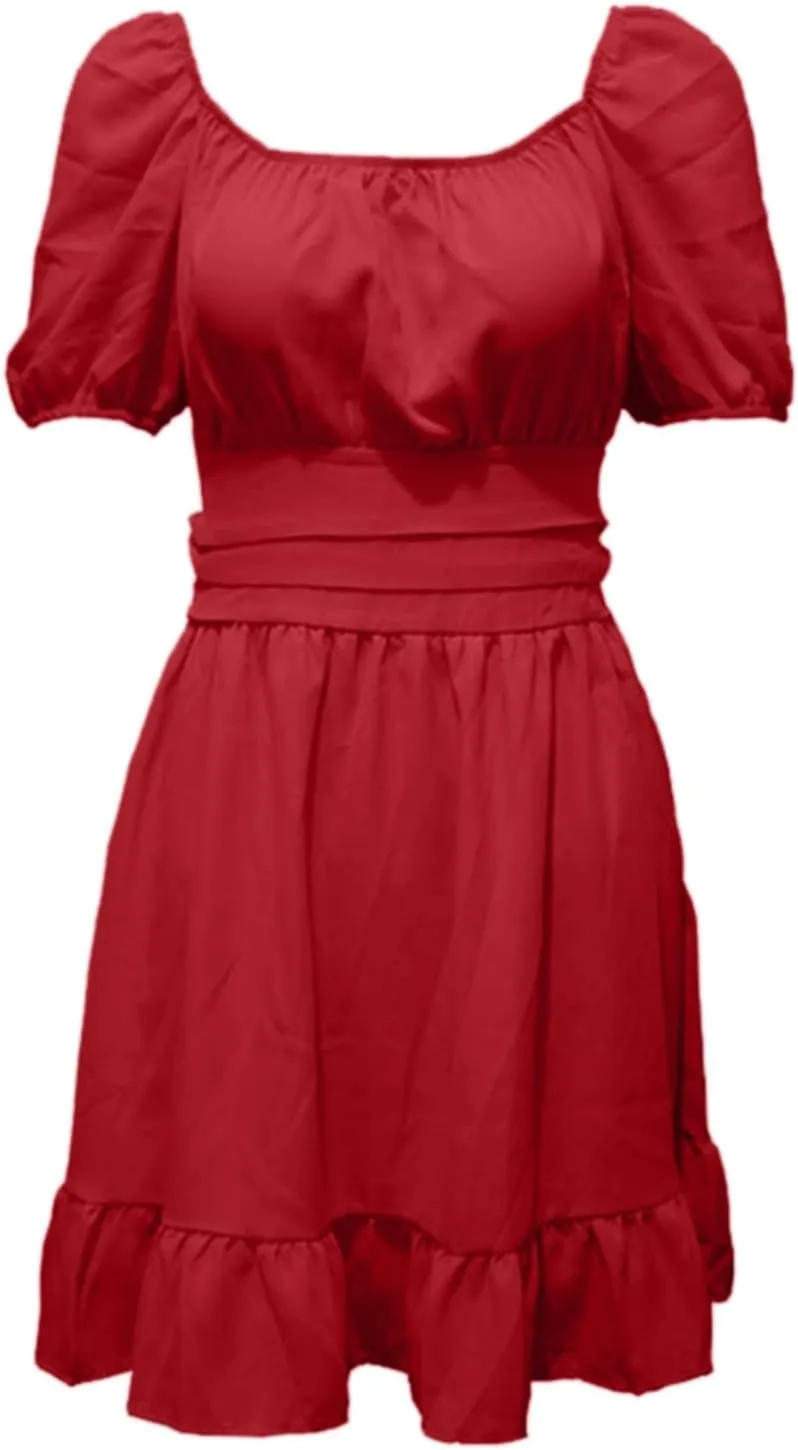 Womens Summer Sundress Tie Back Square Neck Short Puff Sleeve A-Line Mini Dress for Women Casual Travel Vacation Outfits