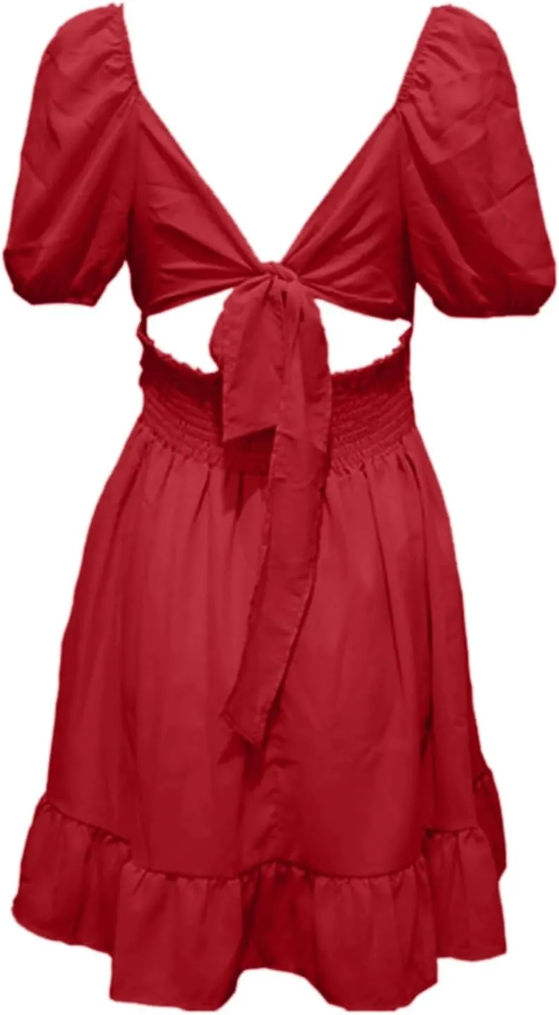 Womens Summer Sundress Tie Back Square Neck Short Puff Sleeve A-Line Mini Dress for Women Casual Travel Vacation Outfits