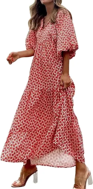 Womens Sundress Pleated Ruffle Maxi Dresses Pretty Garden Dresses for Women Long Puff Sleeve Skirt Vacation Summer 2025