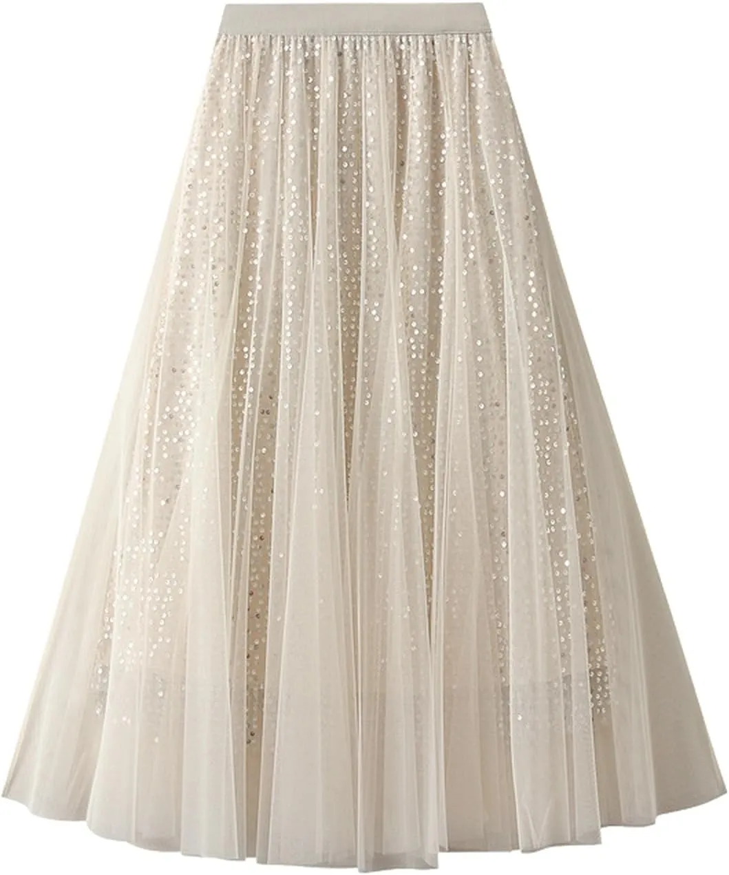 Womens Tulle Mesh Sequin Midi Fairy Skirt Elastic High Waist Pleated A-Line Swing Midi Skirt