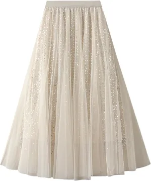 Womens Tulle Mesh Sequin Midi Fairy Skirt Elastic High Waist Pleated A-Line Swing Midi Skirt