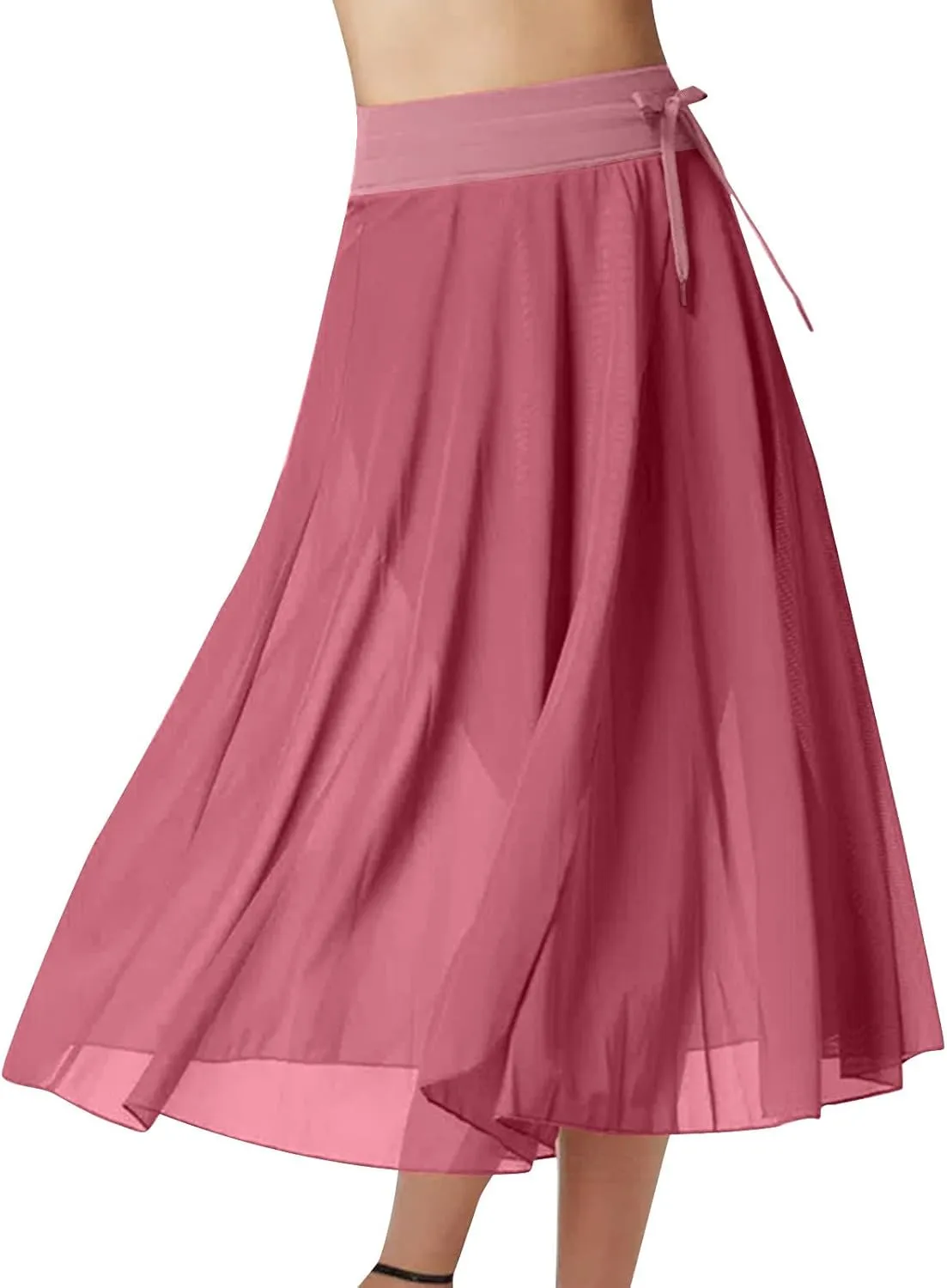 Women's Tulle Skirts Midi Elastic High Waist Flowy Pleated A-Line Mesh Party Long Skirts Swing Summer Beach Skirts