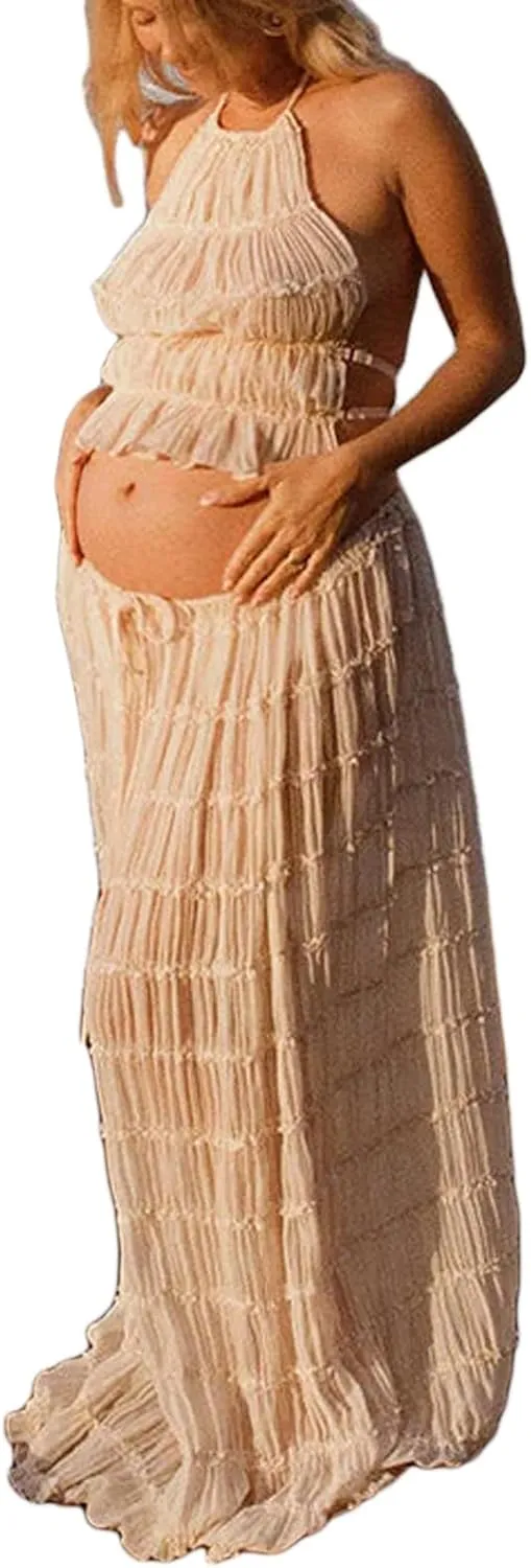 Womens White Lace Maternity Maxi Skirt Sets 2 Piece Summer Outfits Off Shoulder Tops Long Skirt Pregnancy Clothes