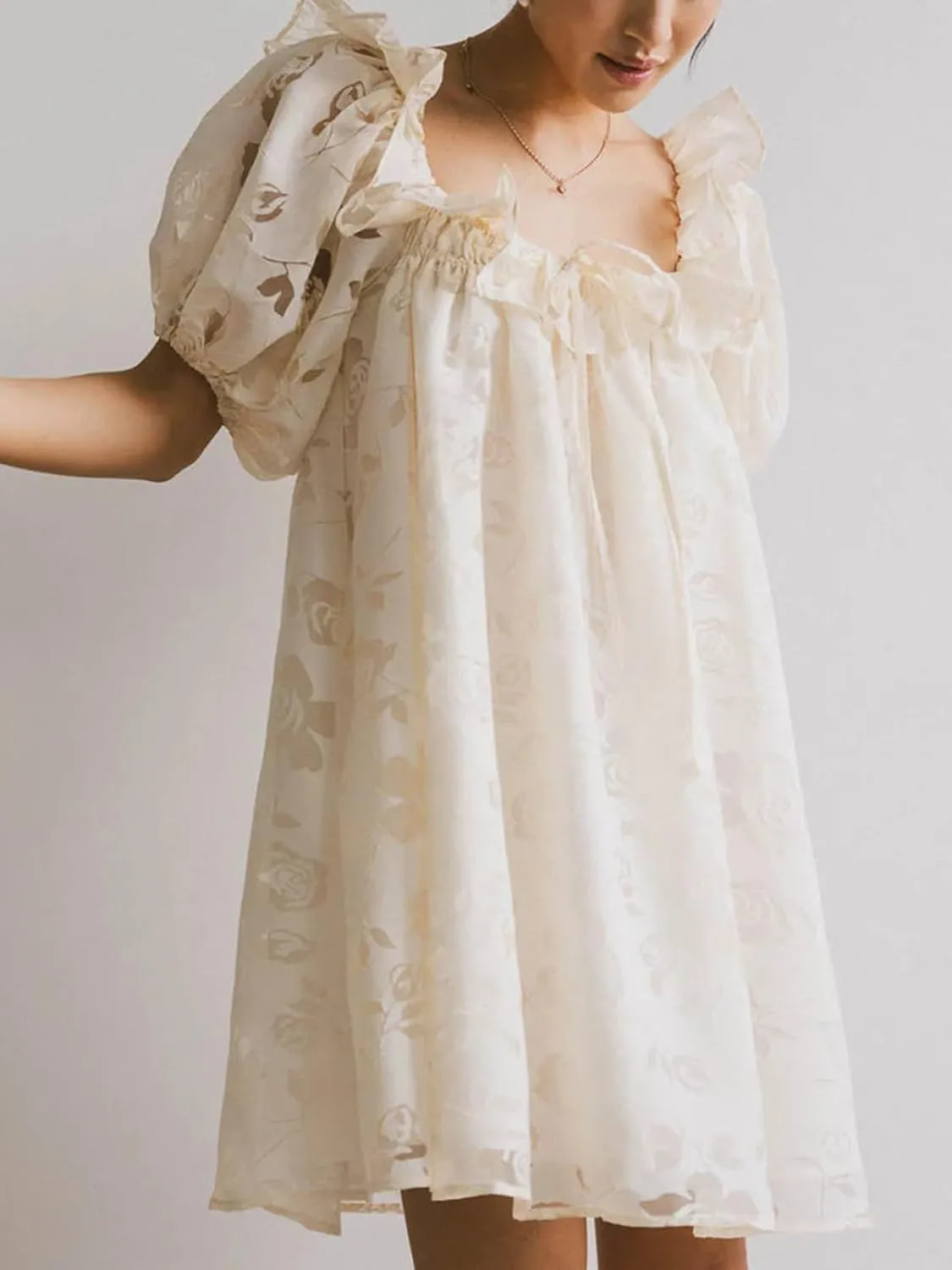 Womens Y2k Mini Dress Puff Short Sleeve Ruffle Square Neck Hollow Floral Short Dresses Summer Cute Sundress