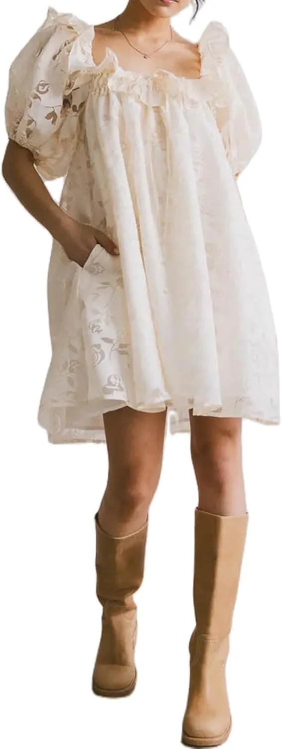 Womens Y2k Mini Dress Puff Short Sleeve Ruffle Square Neck Hollow Floral Short Dresses Summer Cute Sundress