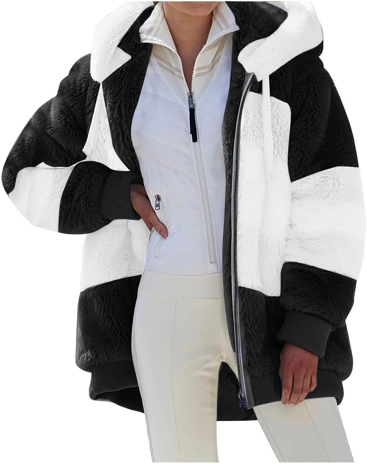 Womens Y2k Tops Zipper Long Sleeve Stitching Coats Color Block Fleece Plush Hooded Jacket Dressy Outerwear