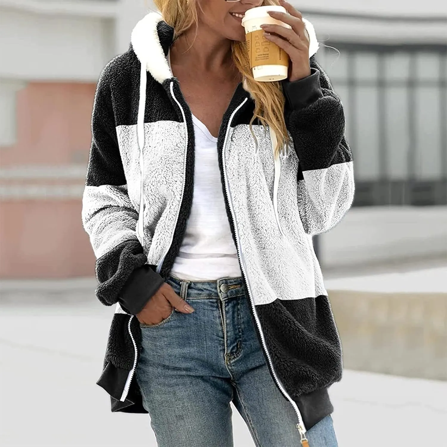 Womens Y2k Tops Zipper Long Sleeve Stitching Coats Color Block Fleece Plush Hooded Jacket Dressy Outerwear