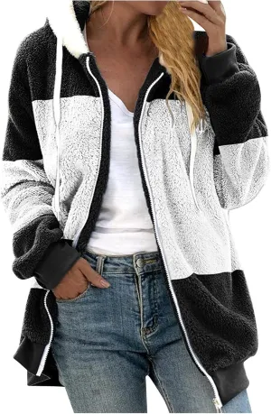 Womens Y2k Tops Zipper Long Sleeve Stitching Coats Color Block Fleece Plush Hooded Jacket Dressy Outerwear