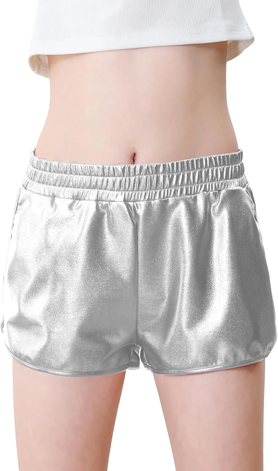 YgneeDom Girls Metallic Shorts Shiny Dance Hot Pants Sparkly Athletic Shorts 80s Outfits Pants for Kids