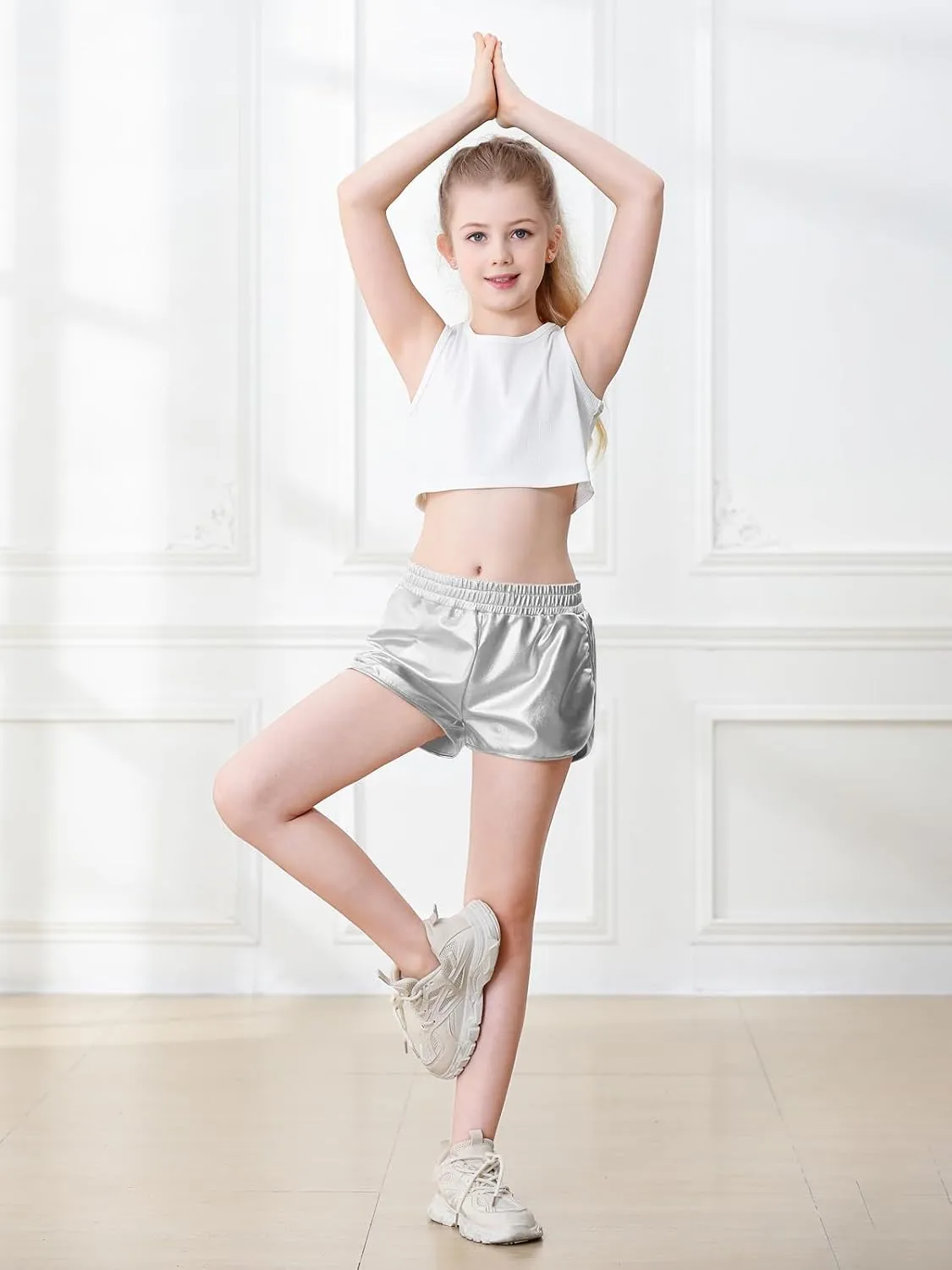 YgneeDom Girls Metallic Shorts Shiny Dance Hot Pants Sparkly Athletic Shorts 80s Outfits Pants for Kids
