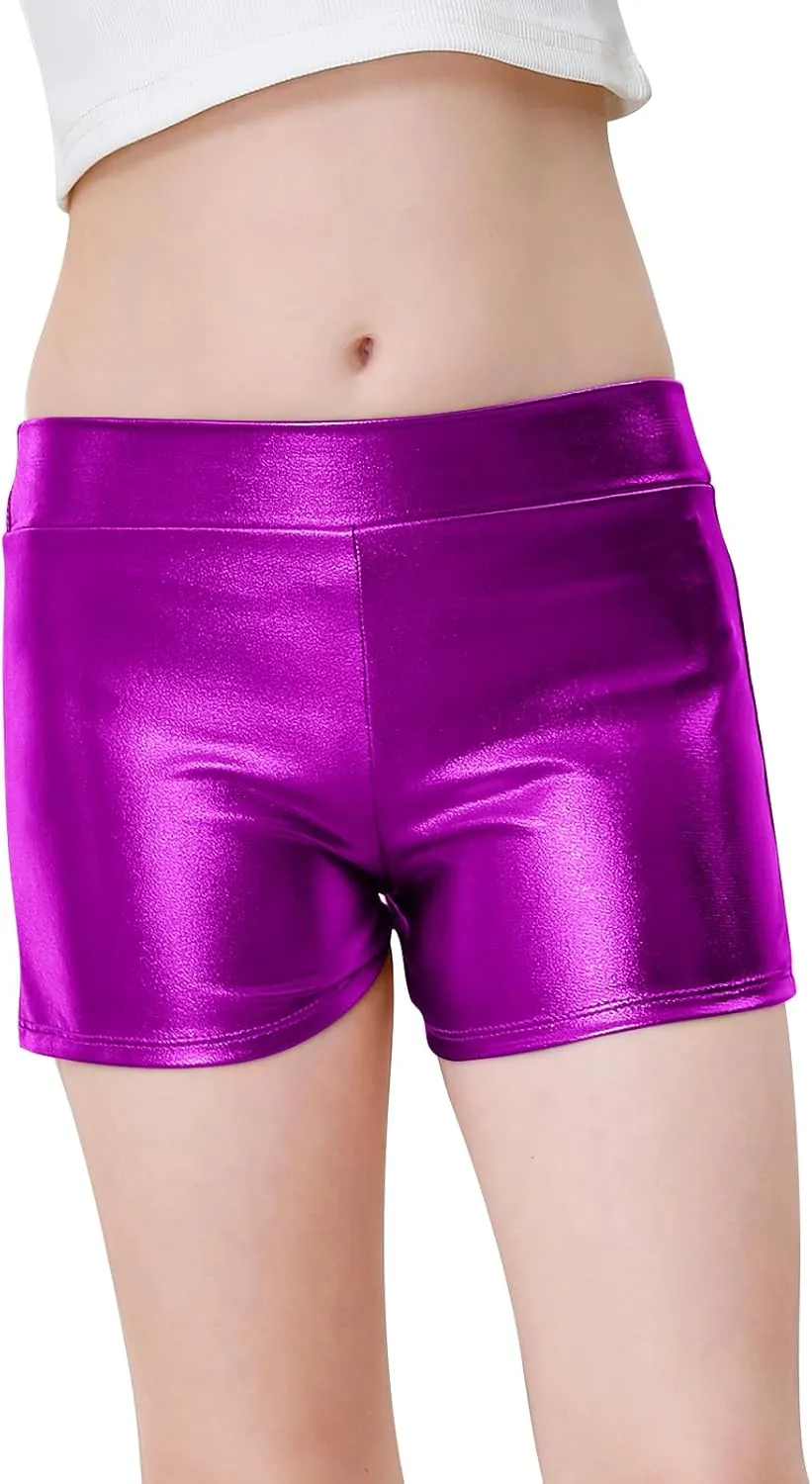 YgneeDom Girls Metallic Shorts - Shiny Dance Hot Pants Sparkly Athletic Shorts 80s Outfits Pants for Kids