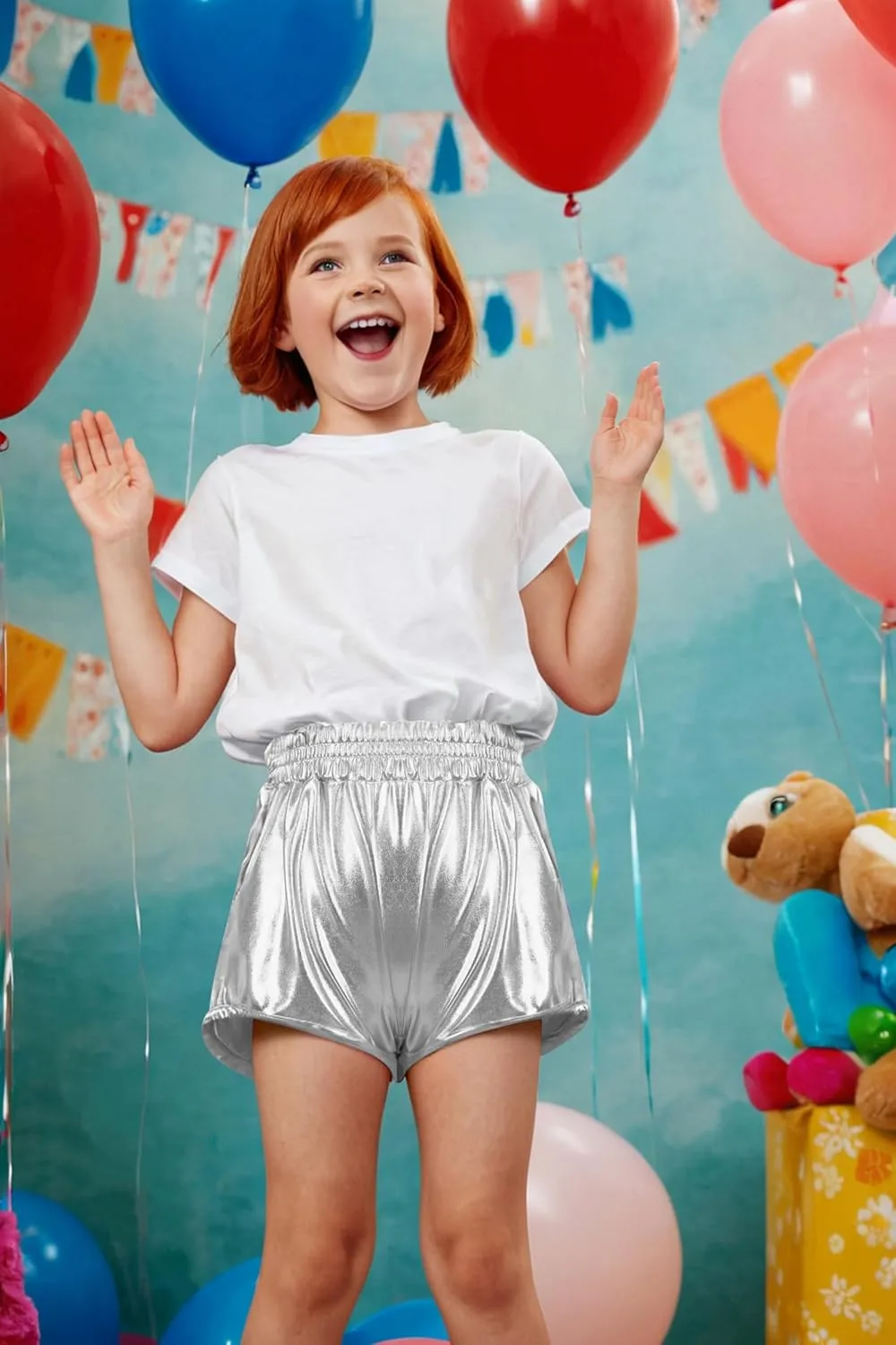YgneeDom Girls Metallic Shorts Shiny Dance Hot Pants Sparkly Athletic Shorts 80s Outfits Pants for Kids