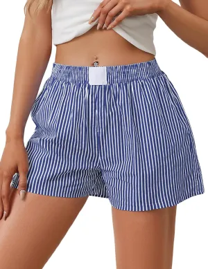 Ythomm Womens Lounge Shorts Y2k Striped Print Elastic Waist Pajama Shorts Cute Boxers Bottoms With Pockets Comfy Sleepwear