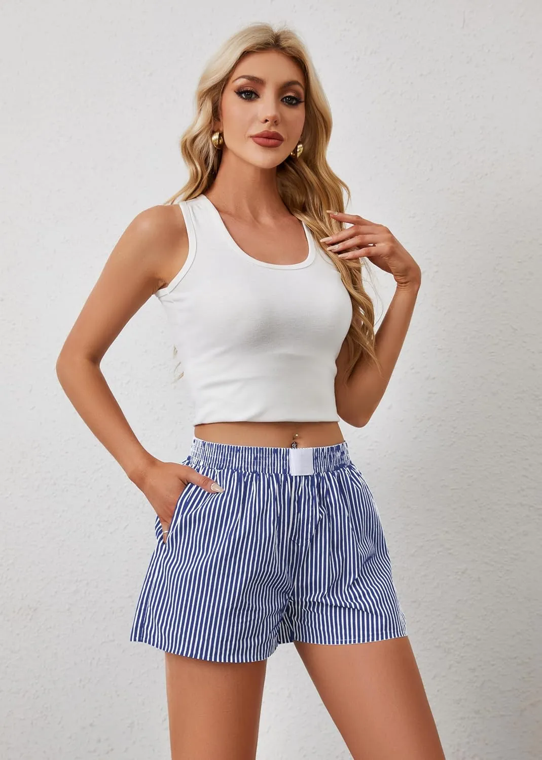 Ythomm Womens Lounge Shorts Y2k Striped Print Elastic Waist Pajama Shorts Cute Boxers Bottoms With Pockets Comfy Sleepwear