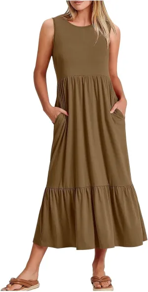 ZDRZK Sundresses for Women 2024 Crewneck Casual Flowy Beach Maxi Dress Sleeveless Tiered Summer Tank Dresses with Pockets