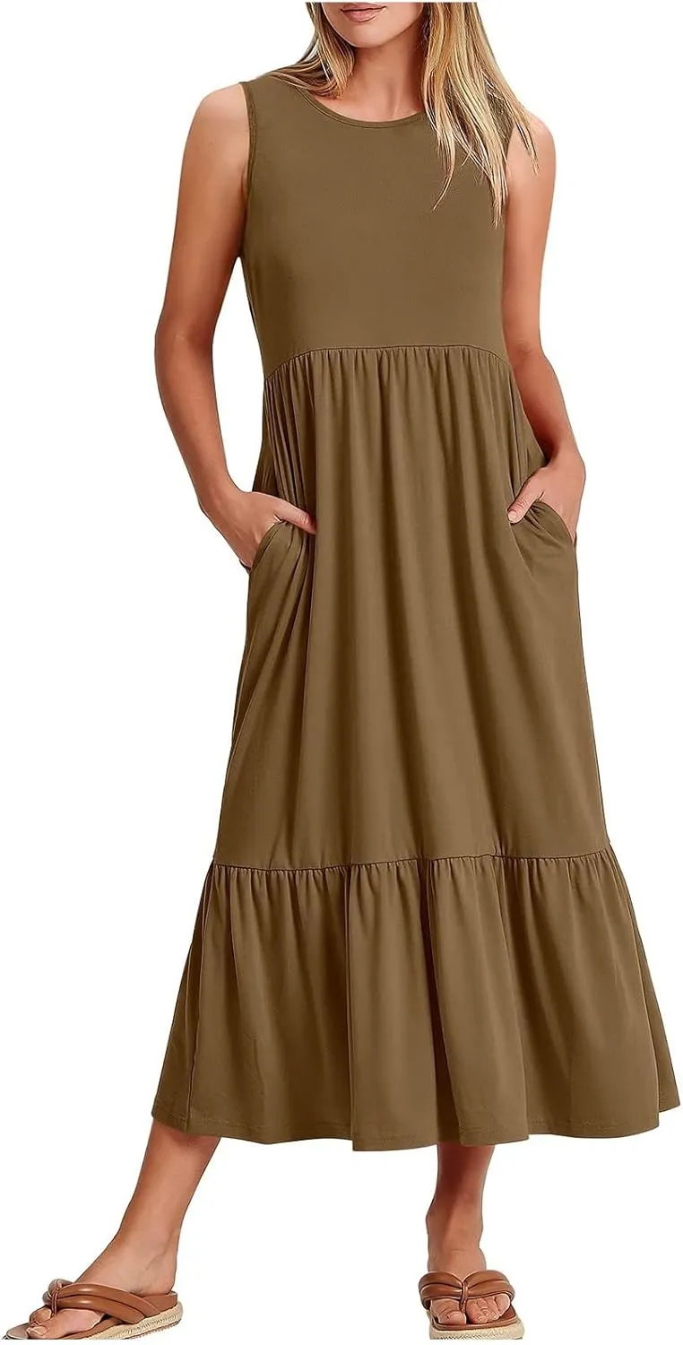 ZDRZK Sundresses for Women 2024 Crewneck Casual Flowy Beach Maxi Dress Sleeveless Tiered Summer Tank Dresses with Pockets
