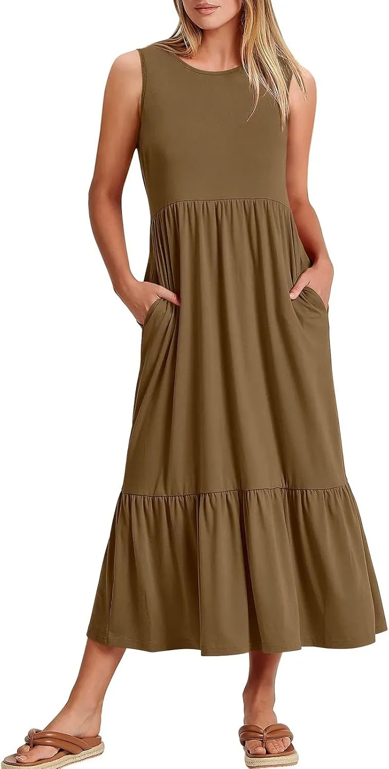 ZDRZK Sundresses for Women 2024 Crewneck Casual Flowy Beach Maxi Dress Sleeveless Tiered Summer Tank Dresses with Pockets