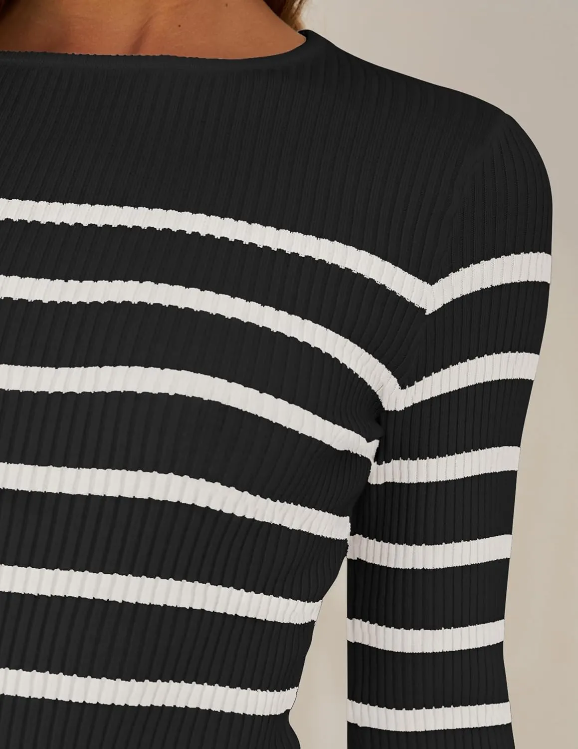 ZESICA Women's Long Sleeve Crewneck Striped Shirts Spring Ribbed Knit Sweater Slim Fitted Casual Basic Tee Tops