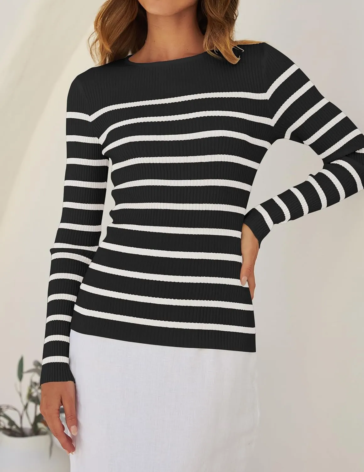 ZESICA Women's Long Sleeve Crewneck Striped Shirts Spring Ribbed Knit Sweater Slim Fitted Casual Basic Tee Tops