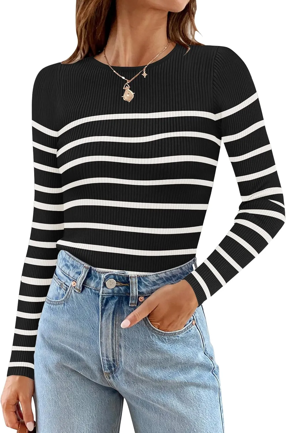 ZESICA Women's Long Sleeve Crewneck Striped Shirts Spring Ribbed Knit Sweater Slim Fitted Casual Basic Tee Tops