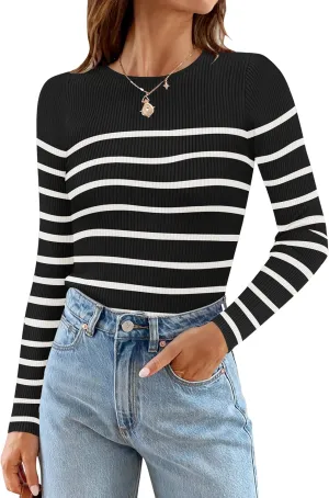 ZESICA Women's Long Sleeve Crewneck Striped Shirts Spring Ribbed Knit Sweater Slim Fitted Casual Basic Tee Tops