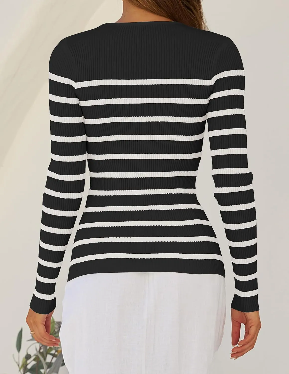 ZESICA Women's Long Sleeve Crewneck Striped Shirts Spring Ribbed Knit Sweater Slim Fitted Casual Basic Tee Tops