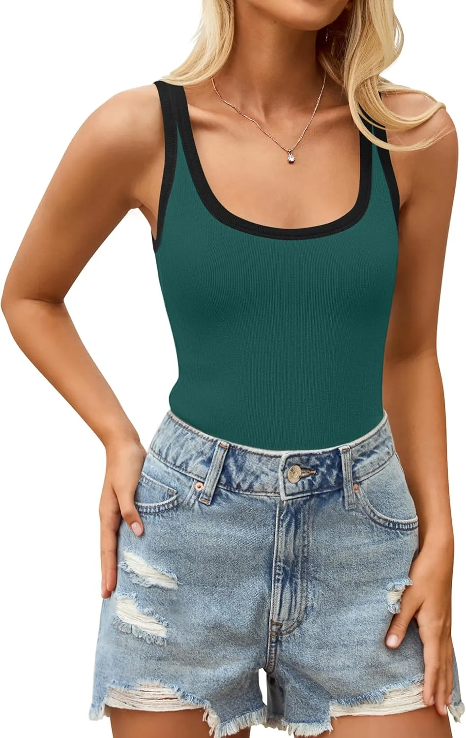 ZESICA Women's Sleeveless Tank Tops Summer Scoop Neck Ribbed Knit Slim Fitted Casual Basic Tee Shirts